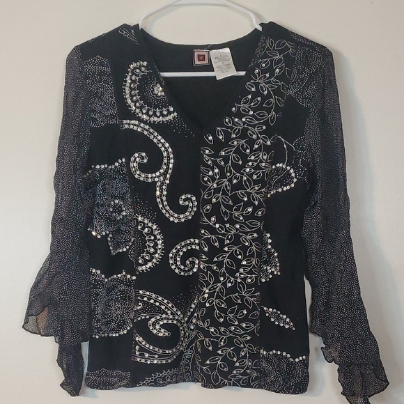 Forbidden Tops - Vintage Forbidden Beaded Black V-Neck Sheer Sleeved Top Size Lg Y2K Whimsigoth